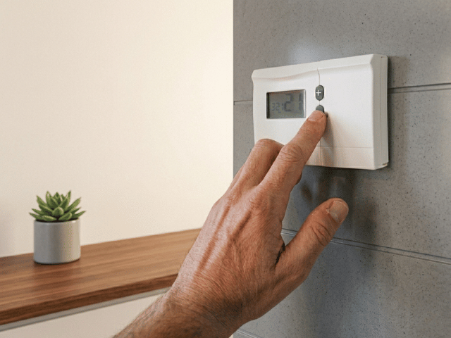 Hand adjusting a wall-mounted thermostat after completing concrete repair work with Bostik flooring solutions.