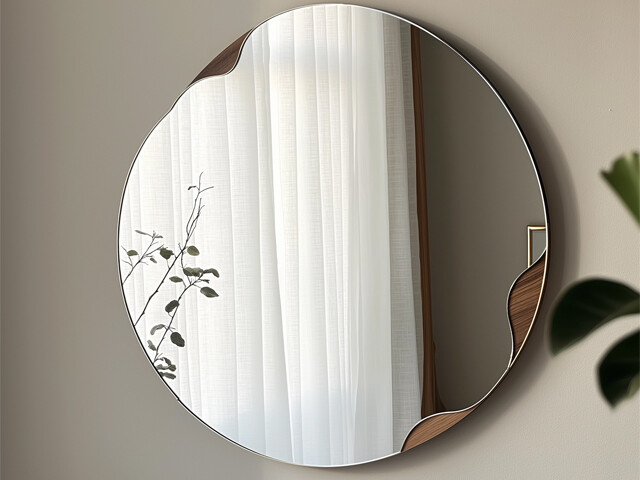 Mirror on a wall with a plant partly in front of it