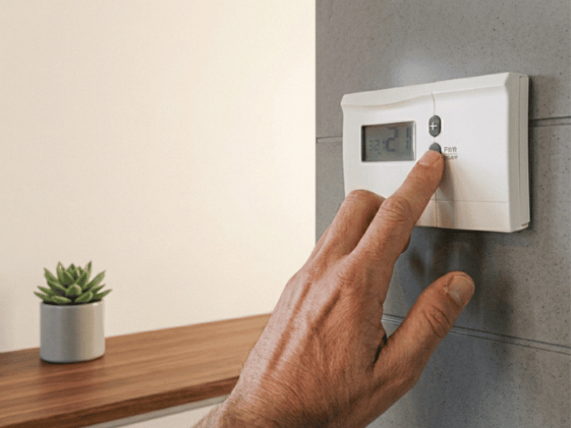Hand adjusting a wall-mounted thermostat after completing wall or floor preparation using Bostik Reno system.
