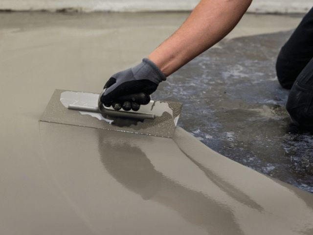 Bostik self-levelling compound being spread smoothly with a trowel across a concrete floor to create an even surface.
