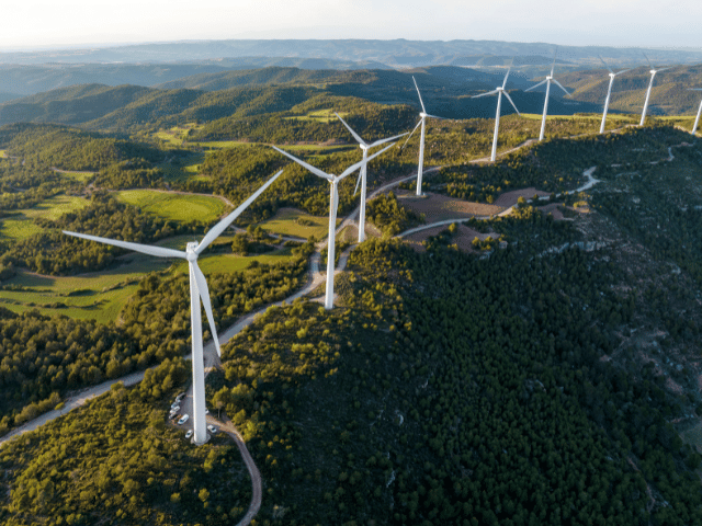 a row of modern wind turbines along a winding road on rolling green hillside country